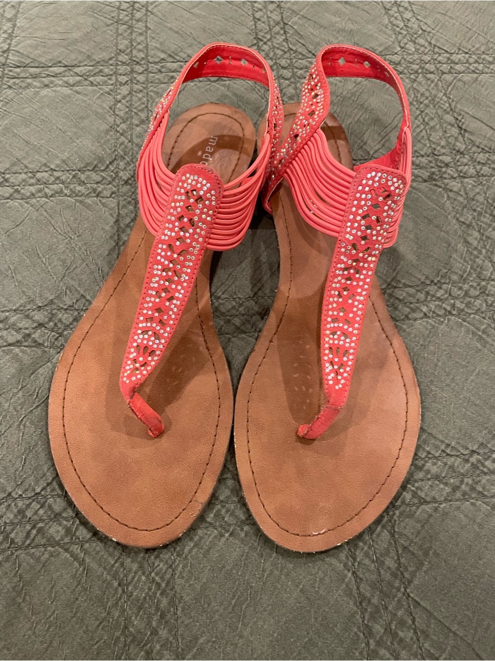 Madden Girl Coral Pink Rhinestone T-Strap Sandals